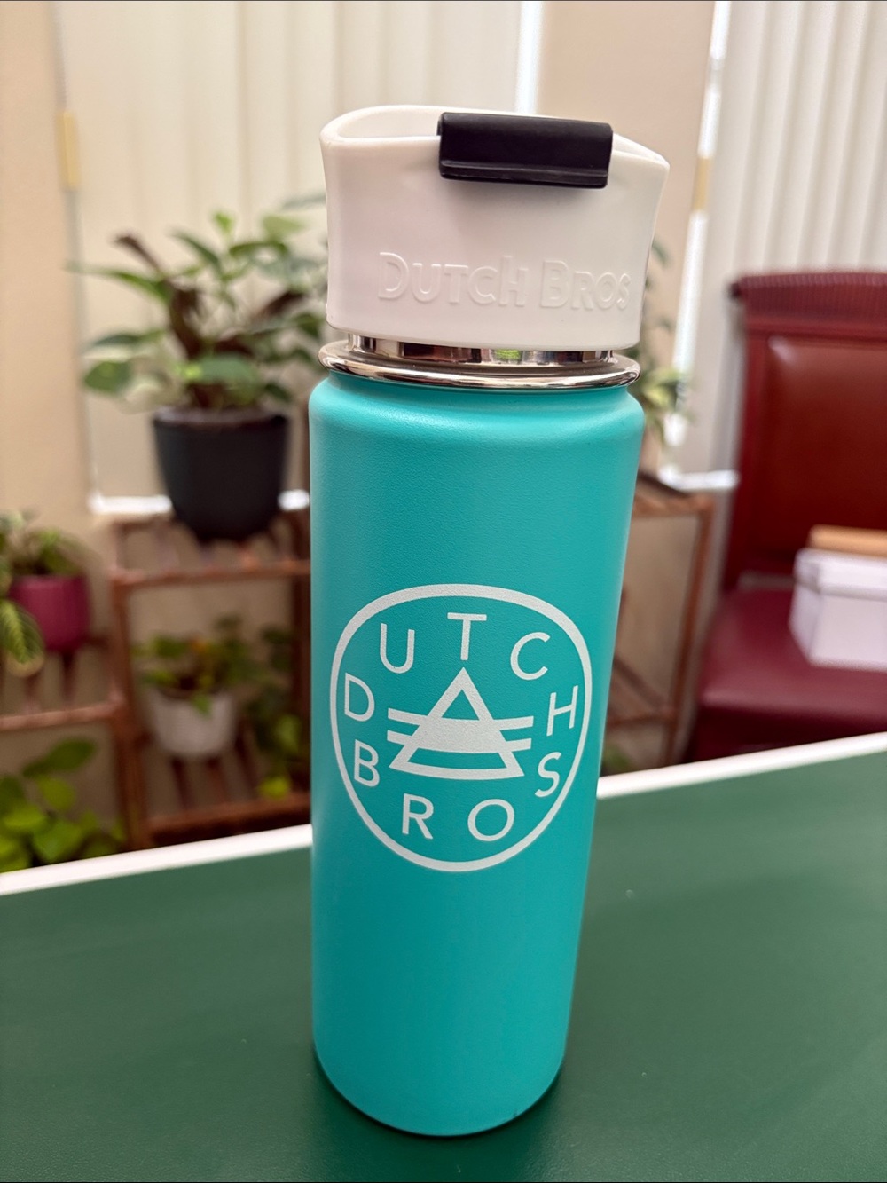 Dutch Bros Teal Travel Bottle with White Flip Lid